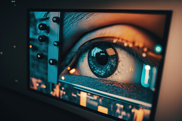 Ai generated illustration of big eye on digital display, the concept of permanent global covert surveillance using mobile devices, security of computer systems and networks, privacy