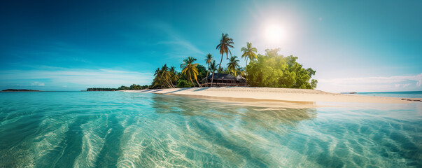 panorama of a tropical island, a lagoon with clear water, palm trees on the shore and a bright sun with a blue sky, empty space background