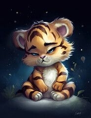 Adorable baby tiger snuggle, kids, children, wall art, painting. Generative AI