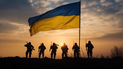 Ukrainian military army soldiers. Flag of Ukraine. uniform, weapons, camouflage, armed forces, war, invasion. Created with generative AI