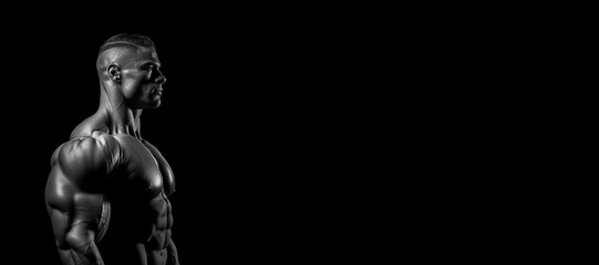 Fototapeta na wymiar Black and white photorealistic studio portrait of a muscular bodybuilder on black background. Generative AI illustration