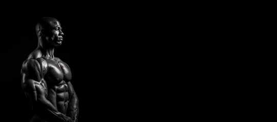 Fototapeta na wymiar Black and white photorealistic studio portrait of a muscular bodybuilder on black background. Generative AI illustration