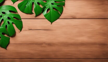 Monstera border with copy space on wood from Generative AI