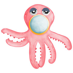 cute squid octopus watercolor, Underwater sea life, ocean creatures clipart