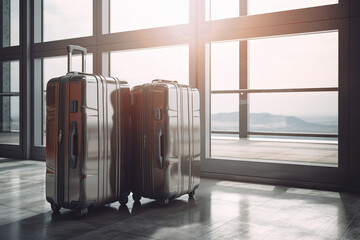 two suitcases at the airport terminal window, departure for a trip