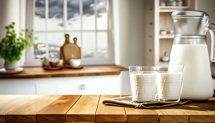 Fototapeta na wymiar kitchen interior background, Fresh cold milk on wooden table, Spring sunny day, wallpaper, free space for your decoration