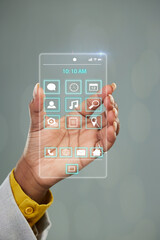 Woman, hands and futuristic phone UI, dashboard or virtual interface with software icons on mockup space. Hand of female person holding digital ui, future technology or multimedia hologram system