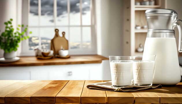 kitchen interior background, Fresh cold milk on wooden table, Spring sunny day, wallpaper, free space for your decoration