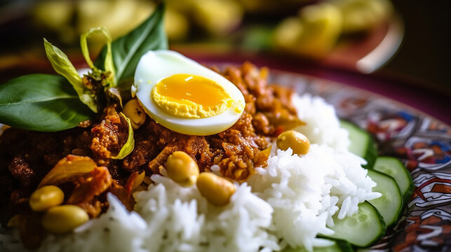 Generative AI image of Nasi lemak, a dish originating in Malaysia that consists of fragrant rice cooked in coconut milk and pandan leaf with various side dish