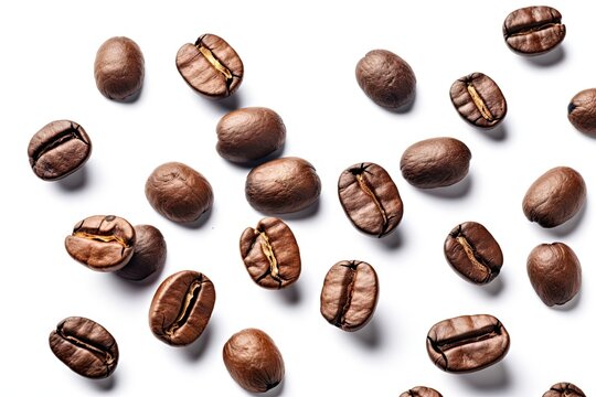 Morning Boost. Closeup of Espresso Coffee Beans on a White Background. Generative AI illustrations. © Thares2020