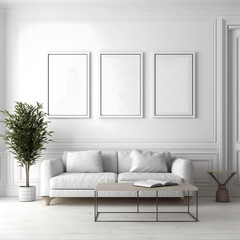 modern interior with white sofa, three frames mockup, big 3 frames mockup in living room