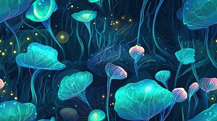 seamless alien flora with bioluminescent leaves and phosphorescent fruit background texture, tile, 8K, generative ai