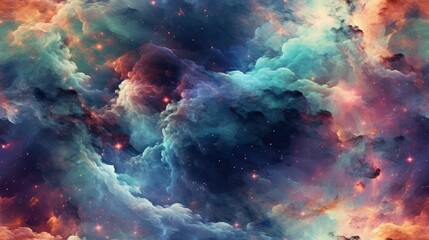 Fototapeta premium seamless dense colorful nebula clouds in deep space background texture, tile, 8K, generative ai