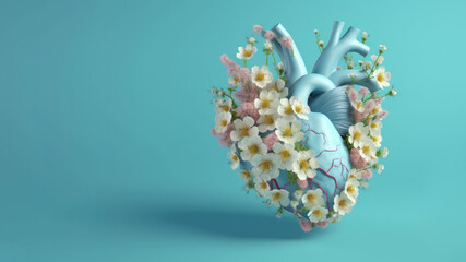Heart organ with blooming flowers isolated, health and disease concept, AI Generated banner in 3d style - obrazy, fototapety, plakaty