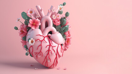 Heart organ with blooming flowers isolated, health and disease concept, AI Generated banner in 3d style