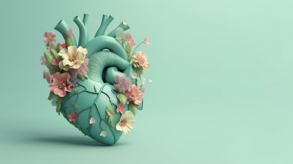 Heart organ with blooming flowers isolated, health and disease concept, AI Generated banner in 3d style