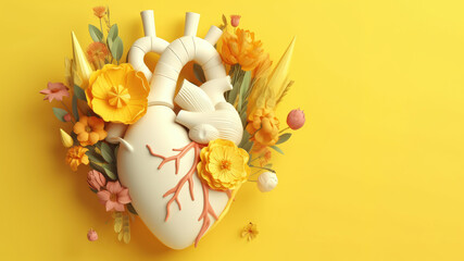 Heart organ with blooming flowers isolated, health and disease concept, AI Generated banner in 3d style