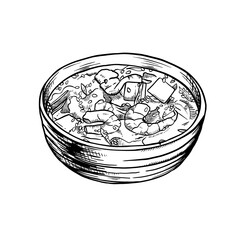 Tasty Asian soup with shrimps in bowl on white background