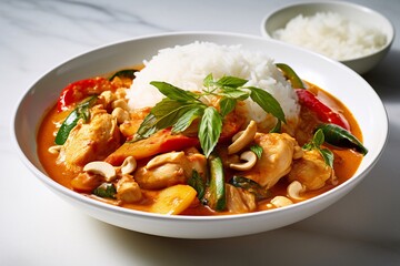 Fototapeta premium Rice with chicken curry and basil leaf AI Generative