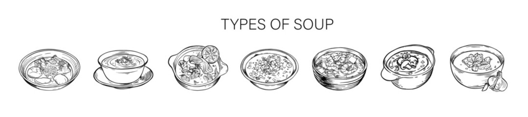Banner with different tasty soups on white background