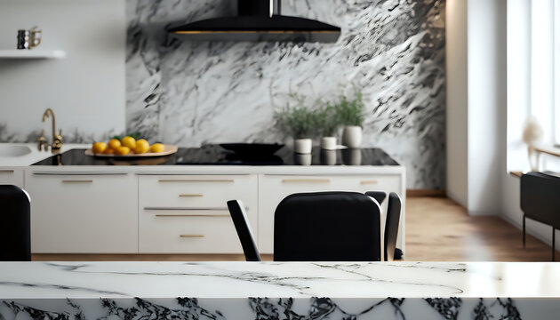 kitchen interior, kitchen interior with furniture, background, black marble desk of free space, wallpaper
