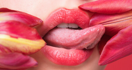 Licking lips. Woman mouth with sexy lips licking tongue flower. Mouth lick and suck close up. Beauty natural lips. Sensual licking, open sexy mouth. Sexy lick with tongue concept. Girl licking tulip. © Volodymyr
