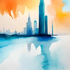 Deurstickers Aquarelschilderij wolkenkrabber  panorama of the city in watercolor