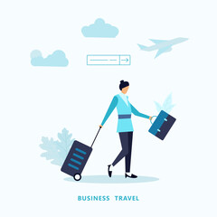 businesswoman carrying suitcase rushing to board plane.concept of business travel or tourism.work in trip.vector illustration for banner or poster