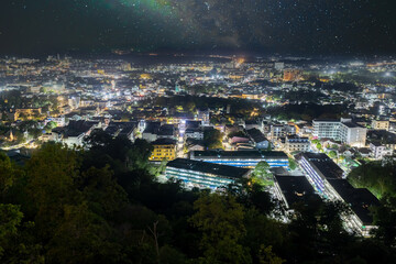 Panoramic aerial view of phuket town at nights illuminated with the night lights Phuket thailand 