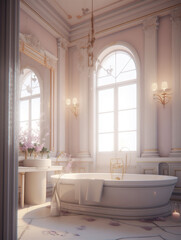 European style bathroom interior in comfortable pink and purple tones