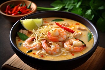 A bowl soup with shrimp AI Generative
