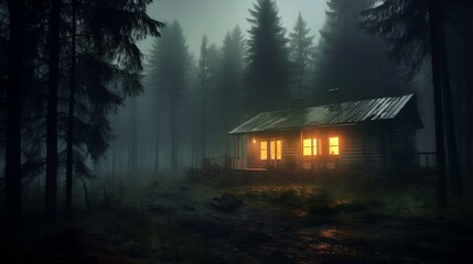 Cabin in the woods with lights and heavy night atmosphere with volumetric fog created with Generative AI technology