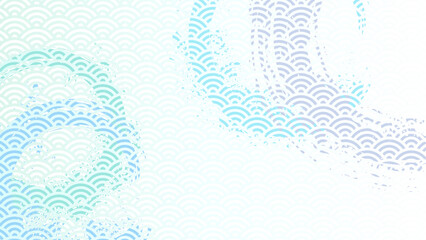 青海波のパターンと丸いブラシストロークの横長背景イラスト