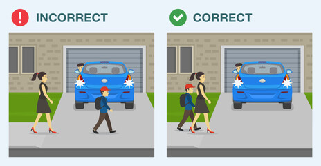 Pedestrian safety tips and rules. Correct and incorrect behavior. Boy holding an adult's hand when beside moving vehicle. Car is moving reverse in the driveway. Flat vector illustration template.