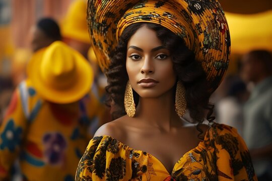 Colombian woman in a yellow hat and dress with a pattern on it created with Generative AI technology