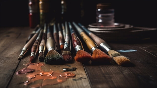 Brushes with paint on a desk in a workshop. Color paints with brushes. Brushes with colored paints. Image generated by AI.