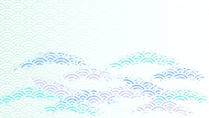 青海波のパターンと波のブラシストロークの横長背景イラスト
