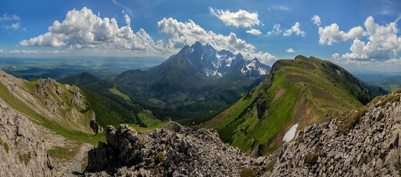 Panoramic view of the mountain landscape, Tatra National park, Poland. High Tatras, Carpathian mountains