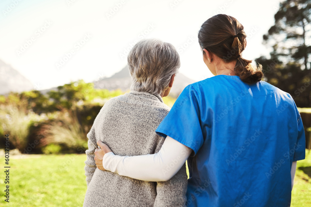 Poster Senior woman, nurse and hug in healthcare, life insurance or support together in nature. back view of mature female with caregiver in elderly care, medical aid or garden walk at nursing home outdoors