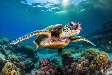 Naklejka na ściany i meble Portrait turtle in the ocean AI Generative