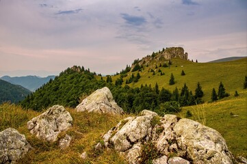 Slovak mountain nature Velka Fatra, Kralova Studna. Rock in Fatras with pasture
