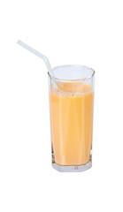 Lactic fermenting beverage color light orange sour taste in glass tall with straw isolated on cut out PNG. Lactobacillus acidophilus improves condition. Fermented milk vitamin low cholesterol.