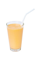 Lactic fermentation beverage light orange sour taste in glass tall with straw. Fermented milk vitamin low cholesterol Isolated on cut out PNG. Lactobacillus acidophilus improves condition stomach