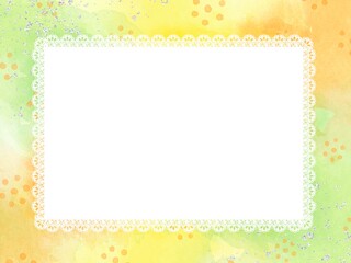 ビタミンカラーの元気で可愛い水彩背景にレースのフレームイラスト