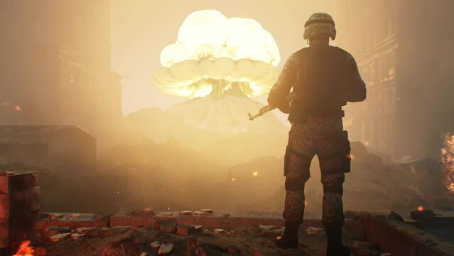 Video Game animation of a soldier watching a nuclear explosion during war on the combat field, military war zone concept