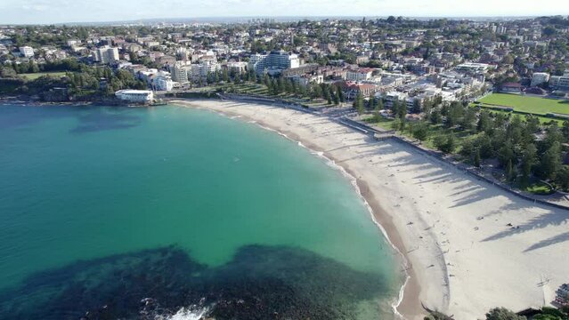 Coogee Beach White-sand Shoreline In Summer With Goldstein Reserve Park In Australia. - aerial