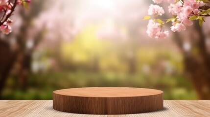 Fototapeta na wymiar wooden podium on table with sakura floral background