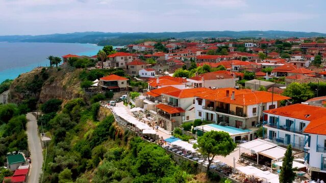 Panorama of Afitos (Afytos) - small, beautiful tourist village on the top of the hill by the sea on Kassandra peninsula, Halkidiki (Chalkidiki), Greece
