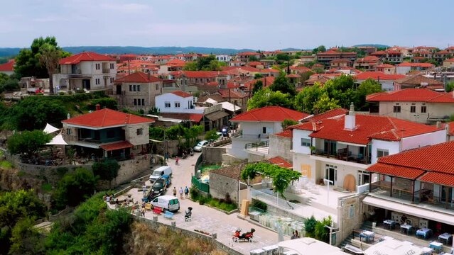 Panorama of Afitos (Afytos) - small, beautiful tourist village on the top of the hill by the sea on Kassandra peninsula, Halkidiki (Chalkidiki), Greece