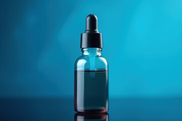 mockup of a serum bottle on a plain blue background with no label